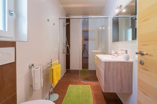 a bathroom with a sink and a toilet and a shower at Appartements Salentinig in Flattach