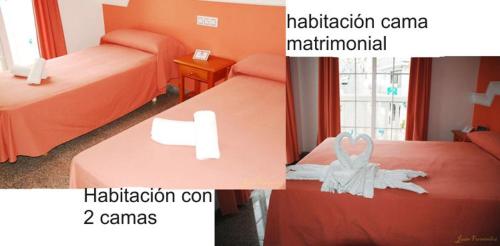 duas fotografias de um quarto de hotel com duas camas em Hostal Mary Tere em Salobreña