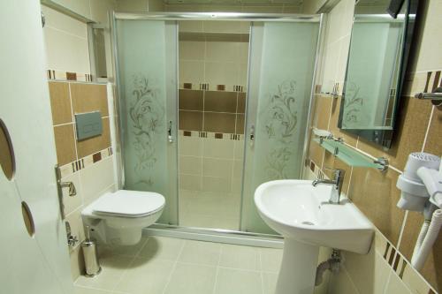 a bathroom with a shower and a toilet and a sink at Taksim Istiklal Suites in Istanbul