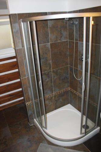 a shower with a glass door in a bathroom at Roubenka Zlatá Olešnice in Zlatá Olešnice
