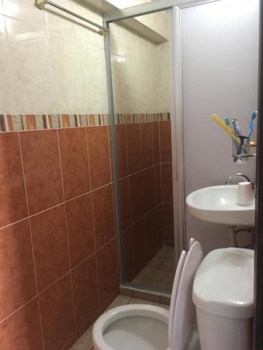 W łazience znajduje się prysznic, toaleta i umywalka. w obiekcie Juan Pablo II w mieście San Martín Texmelucan de Labastida