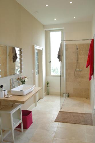 La grande salle de bains est pourvue d'un lavabo et d'une douche. dans l'établissement Domaine de la Célarié, à Mouzieys-Teulet