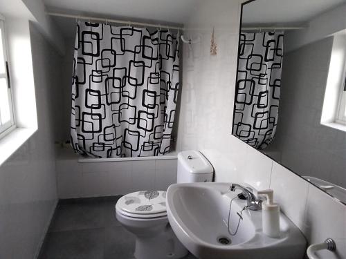 uma casa de banho com um WC, um lavatório e uma cortina de chuveiro em Apartamentos Blanco Y Negro em A Guarda