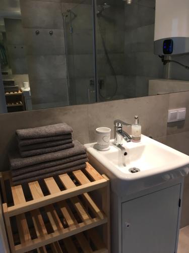a bathroom with a sink and a mirror at Apartament Kamelia in Sopot