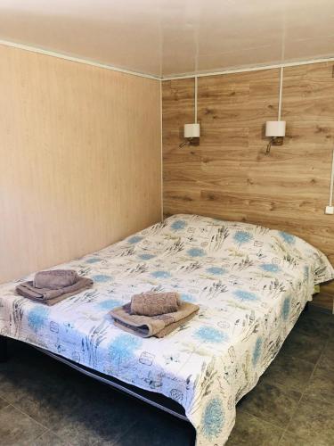 a bed with two pillows on it in a room at Дача у моря in Vapnyarka