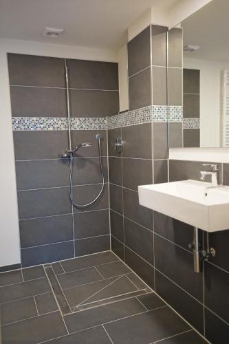 a bathroom with a shower and a sink at Gästewohnung Hardinghaus am Teich in Warendorf