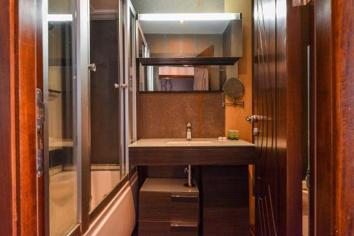 La salle de bains est pourvue d'un lavabo et d'une douche. dans l'établissement Super Premium Two Bedroom Suite on Vitosha Boulevard, à Sofia