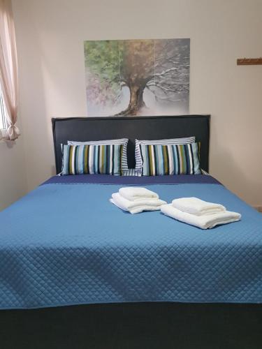 a blue bed with two pillows and towels on it at Nanaapartments in Perea