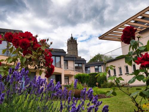 a garden with flowers in front of a building at Hotel Villa am Rhein in Andernach