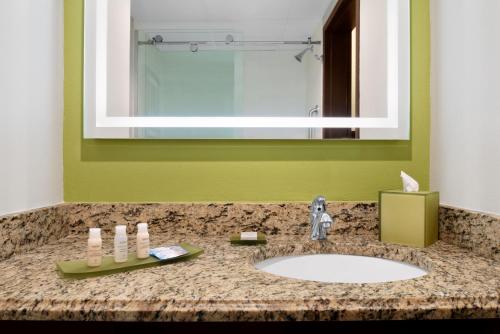 a bathroom with a sink and a mirror at The Inn at Saint Mary's in South Bend