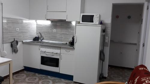 a kitchen with a microwave on top of a refrigerator at loft turistic in San Vicente dels Horts