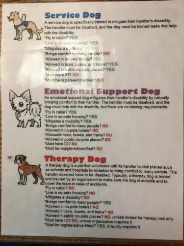 a menu for a service dog emergency support dog at Stay Wise Inn Cedaredge in Cedaredge