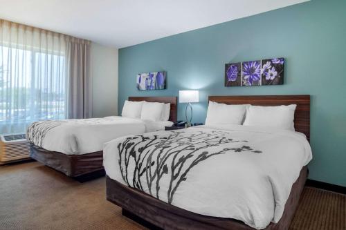 una camera d'albergo con due letti e una finestra di Sleep Inn Newnan Atlanta South a Newnan