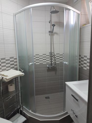 una ducha con puerta de cristal en un baño en Olomouc NEW1, en Olomouc