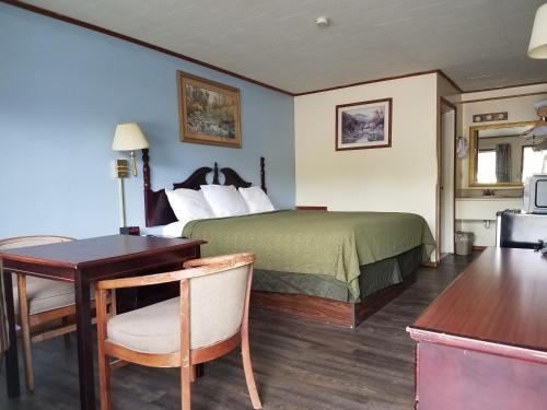um quarto de hotel com uma cama e uma secretária em A Sapphire Inn em Franklin