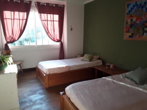 sypialnia z 2 łóżkami i oknem w obiekcie Chez Cécile et Jean-No w mieście Gan