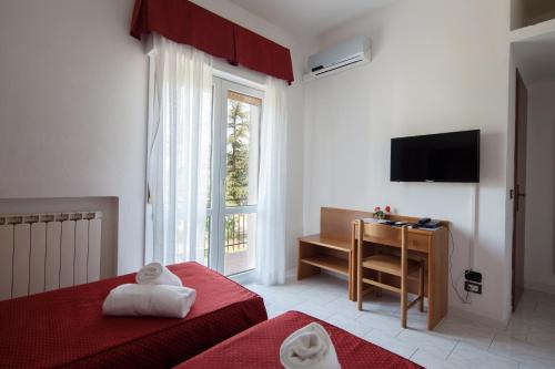 a room with a bed and a desk and a television at Hotel Nella in La Spezia