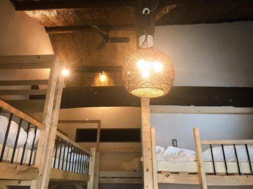 a light in a room with a bunk bed at Mad Cat Hostel Osaka & Bar in Osaka