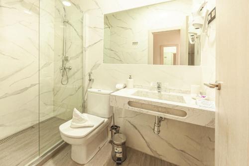 uma casa de banho com um WC, um lavatório e um chuveiro em Hostal Pio Centro em Madri