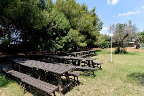 a group of wooden picnic tables in a park at Agriturismo Santa Chiara in Alezio