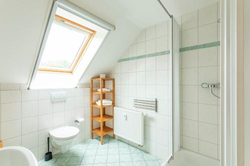 a bathroom with a toilet and a window at Feriendorf Alte Fahrt in Rechlin