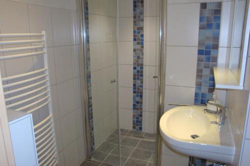 a bathroom with a shower and a sink at Ferienquartier Müller T6 in Trassenheide