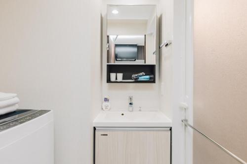 a small bathroom with a sink and a mirror at AFP Tennoji Apartment in Osaka