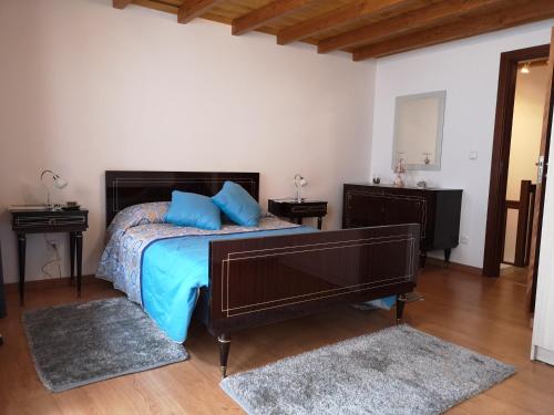 Un dormitorio con una cama con almohadas azules. en CASA TITA, en Lavacolhos