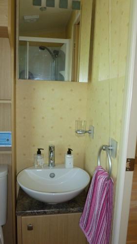 a bathroom with a white sink and a mirror at 28 Borwick Lakes in Carnforth