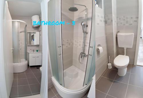 two pictures of a bathroom with a shower and a toilet at Makarska Best Buy Apartments in Makarska