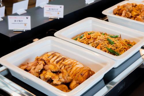 three trays of food on display in a store at Hotel Wing International Asahikawa Ekimae in Asahikawa