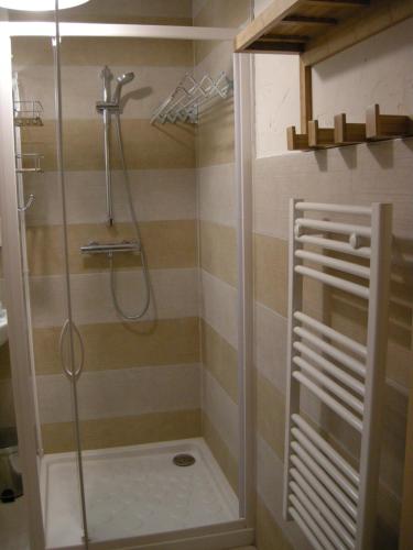 a shower with a glass door in a bathroom at Le gîte de Gab in Eguisheim