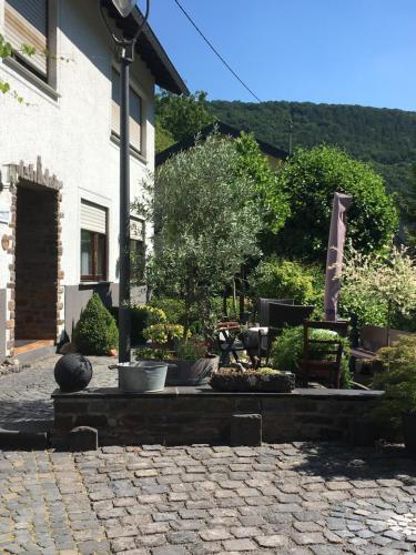 a garden with a stone patio and a house at Ferienwohnung Frevel in Pommern