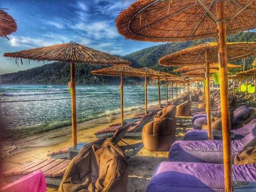 a row of beach chairs with umbrellas on a beach at Barocco Wave Hotel in Skala Potamias