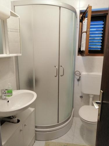a bathroom with a shower and a sink and a toilet at Apartment Irena in Jadranovo