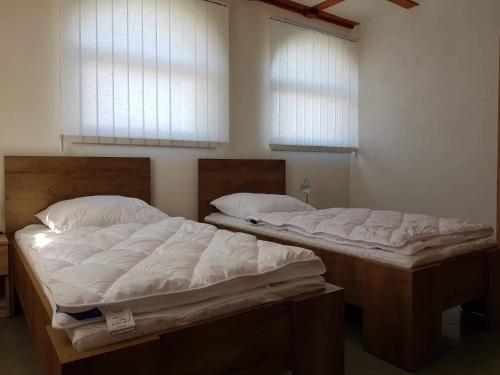 two twin beds in a room with two windows at Penzion Cerhenice in Cerhenice
