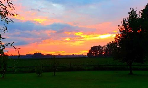 a sunset in a field with a fence and a field at Landhaus List in Halbenrain