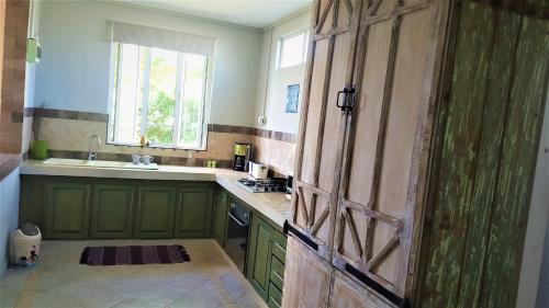a kitchen with green cabinets and a wooden door at Appartement Blue Coast in Mahébourg
