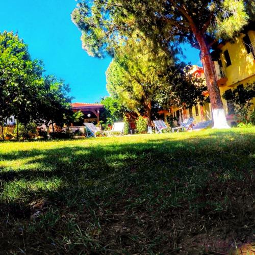 a yard with chairs and trees and a house at İlkiz Beach Hotel in Oludeniz