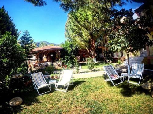 a group of lawn chairs sitting in the grass at İlkiz Beach Hotel in Oludeniz