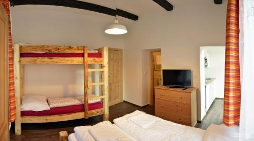 a bedroom with two bunk beds and a tv at Apartmány Na Faře in Bílá