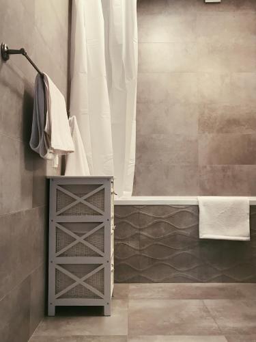 a bathroom with a shower and a cabinet with a tub at Family Hel in Hel
