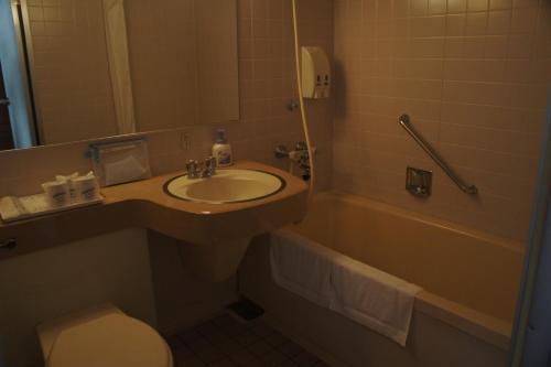 Hotel Sentpia في Higashi-murayama: حمام مع حوض وحوض استحمام ومرحاض