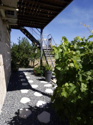 a walkway with rocks and plants in front of a building at gite odeau in Sargé-sur-Braye