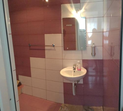 a bathroom with a sink and a shower with a mirror at Casa Sterp in Jina
