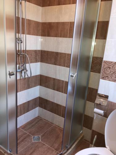 Un baño con ducha y WC. en Vase Apartments, en Ravda