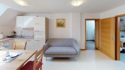 博希尼的住宿－Apartmaji pri Marodnu，一间带椅子的客厅和一间厨房
