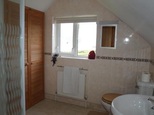 a bathroom with a toilet and a sink and a window at The Lookout Ardara in Ardara