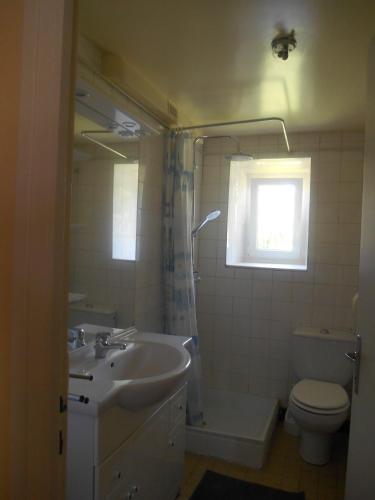 une salle de bain avec un lavabo et des toilettes et une fenêtre dans l'établissement Appartement Vallée de Luchon, à Salles-et-Pratviel