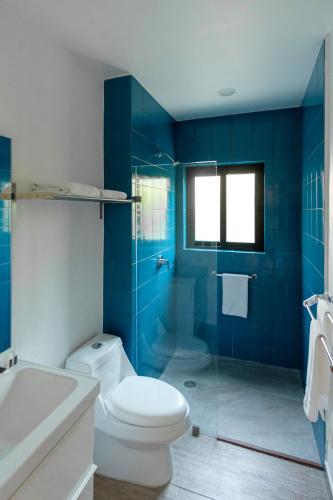 a blue bathroom with a toilet and a shower at San Trópico Boutique Hotel & Peaceful Escape in Puerto Vallarta